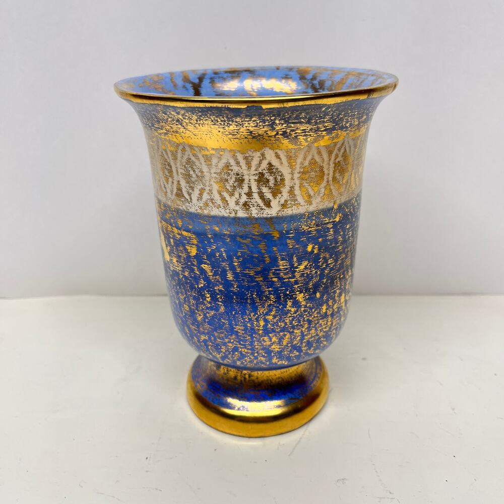 Stangl Pedestal Vase Periwinkle with Brushed Gold